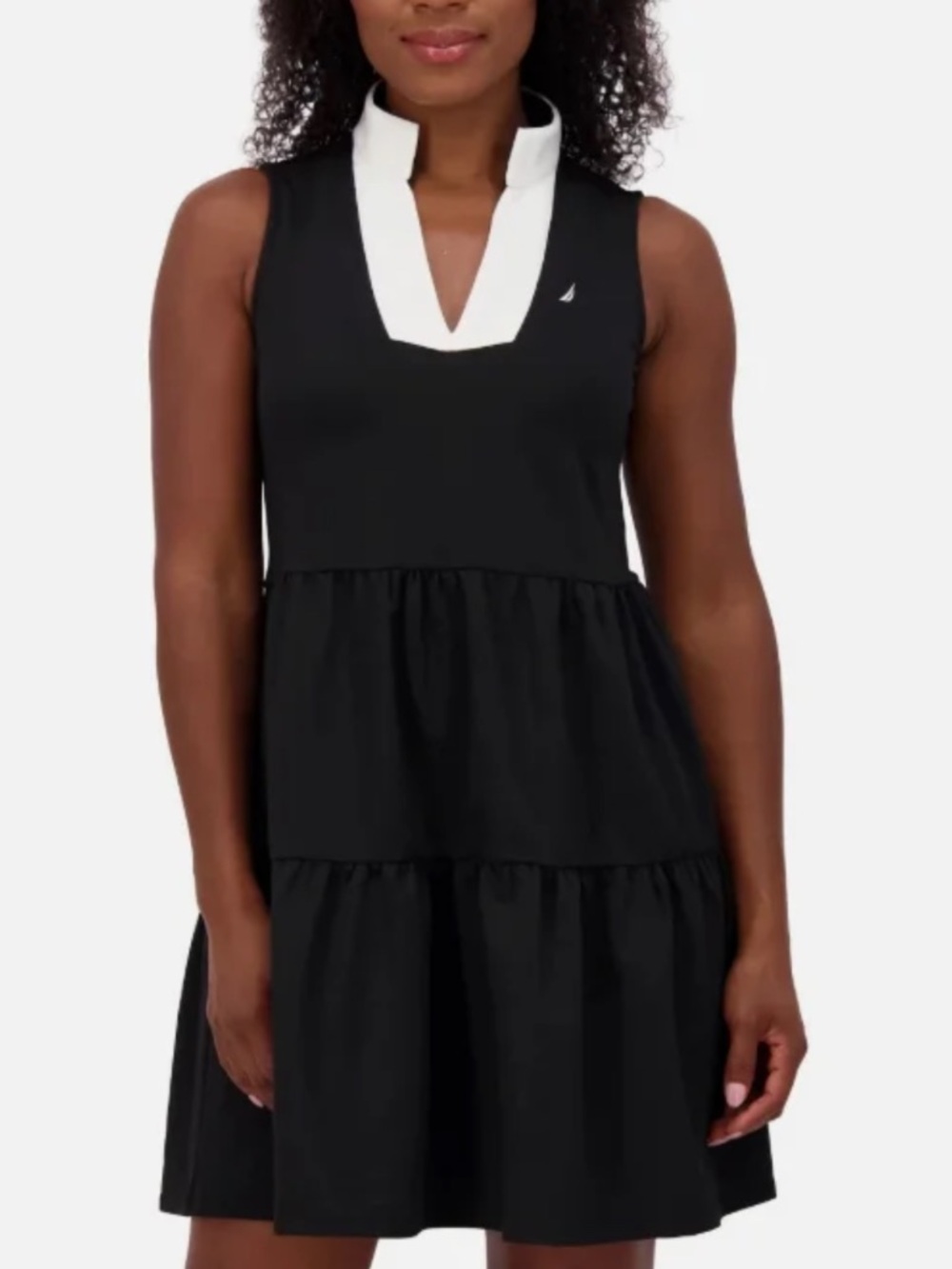 Nautica Black Sleeveless Tiered Dress with White V-Notch Collar